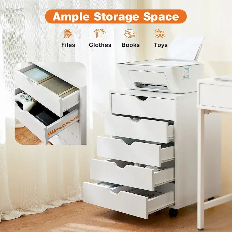 Commode mobile à 5 tiroirs avec roulettes — Bois MDF, noir ou blanc