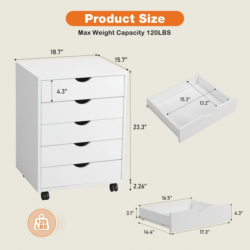 Commode mobile à 5 tiroirs avec roulettes — Bois MDF, noir ou blanc