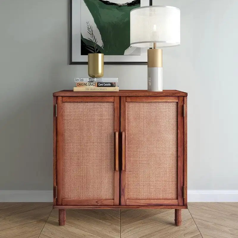 Meuble d'appoint 2 portes avec panneaux en rotin tressé naturel et étagère réglable