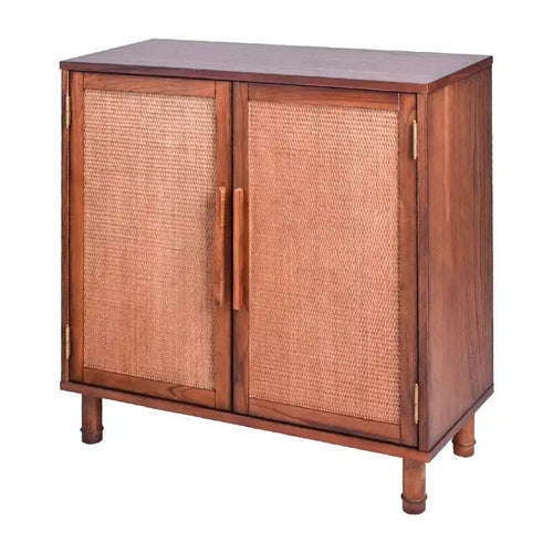 Meuble d'appoint 2 portes avec panneaux en rotin tressé naturel et étagère réglable