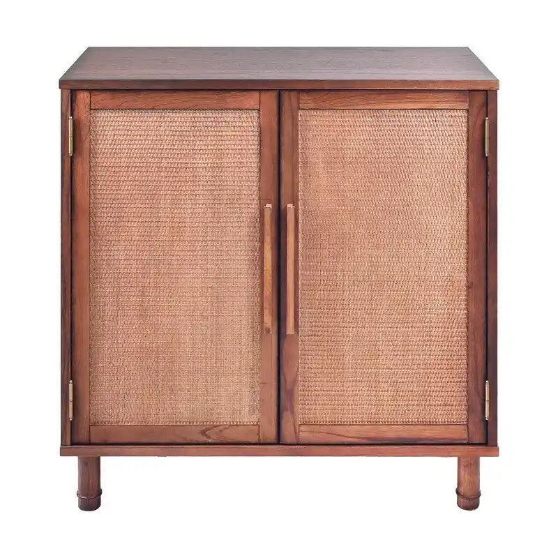 Meuble d'appoint 2 portes avec panneaux en rotin tressé naturel et étagère réglable