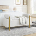 Banc de rangement capitonné avec accoudoirs cylindriques, tissu en lin et pieds en fer