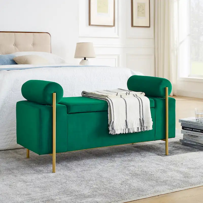 Banc de rangement capitonné avec accoudoirs cylindriques, tissu en lin et pieds en fer