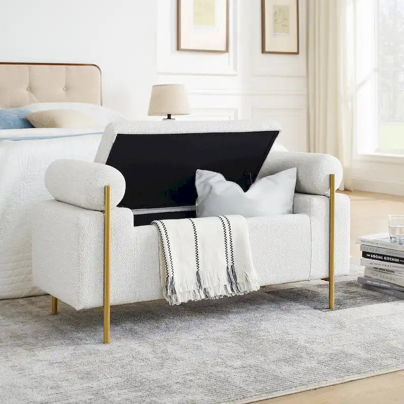 Banc de rangement capitonné avec accoudoirs cylindriques, tissu en lin et pieds en fer