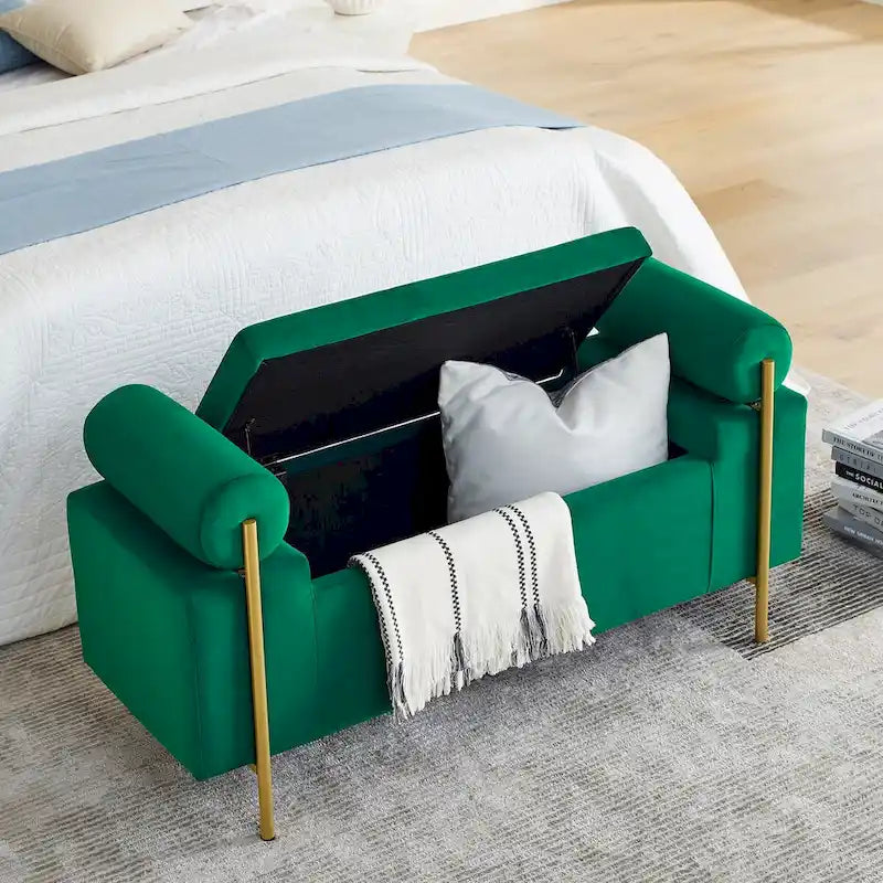 Banc de rangement capitonné avec accoudoirs cylindriques, tissu en lin et pieds en fer