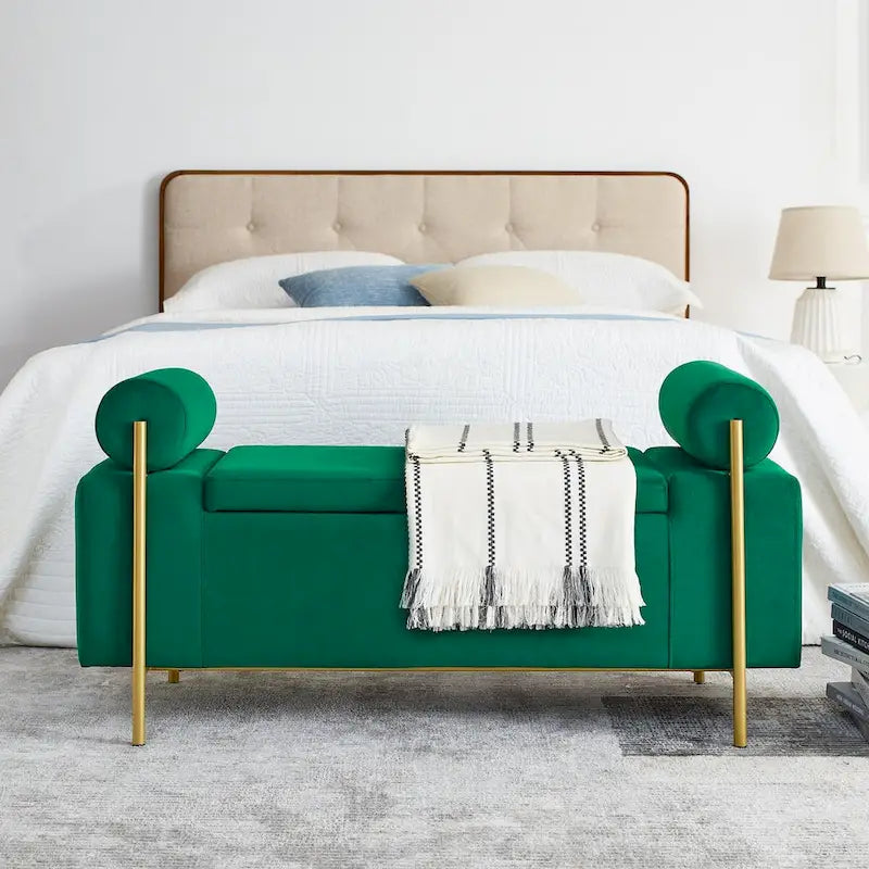 Banc de rangement capitonné avec accoudoirs cylindriques, tissu en lin et pieds en fer