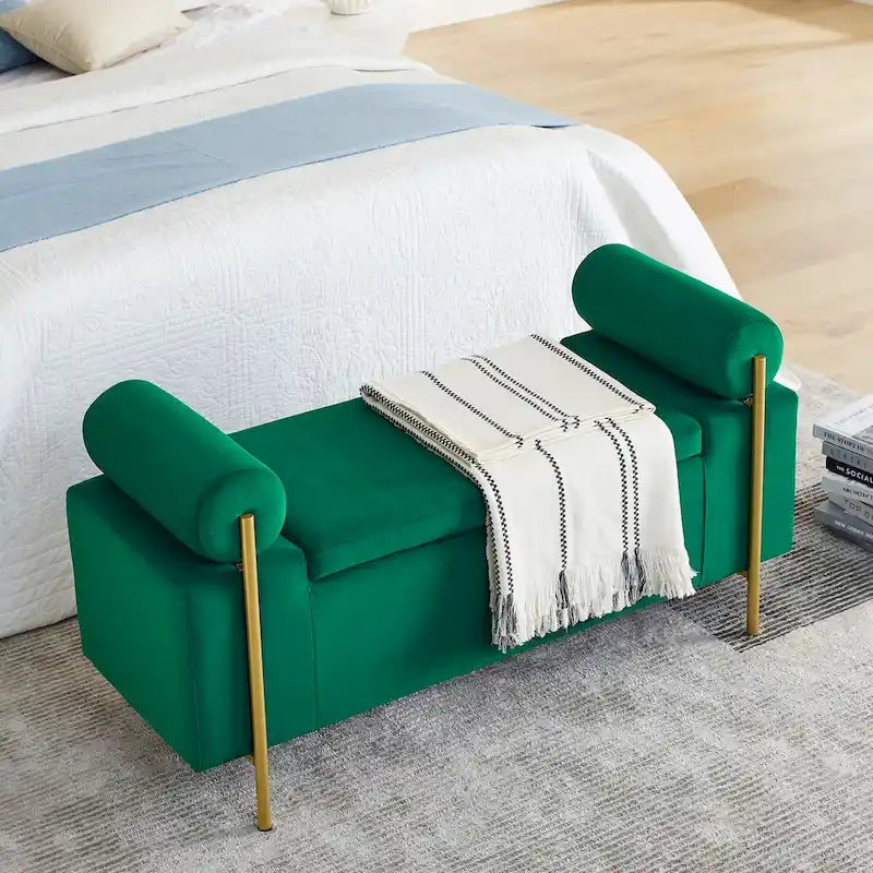 Banc de rangement capitonné avec accoudoirs cylindriques, tissu en lin et pieds en fer