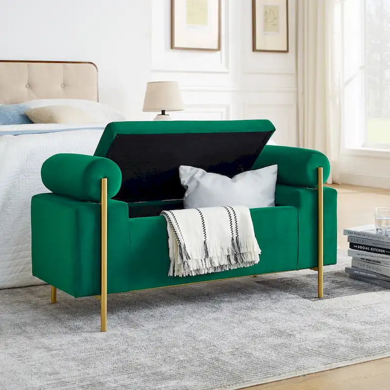 Banc de rangement capitonné avec accoudoirs cylindriques, tissu en lin et pieds en fer
