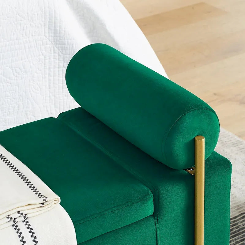 Banc de rangement capitonné avec accoudoirs cylindriques, tissu en lin et pieds en fer