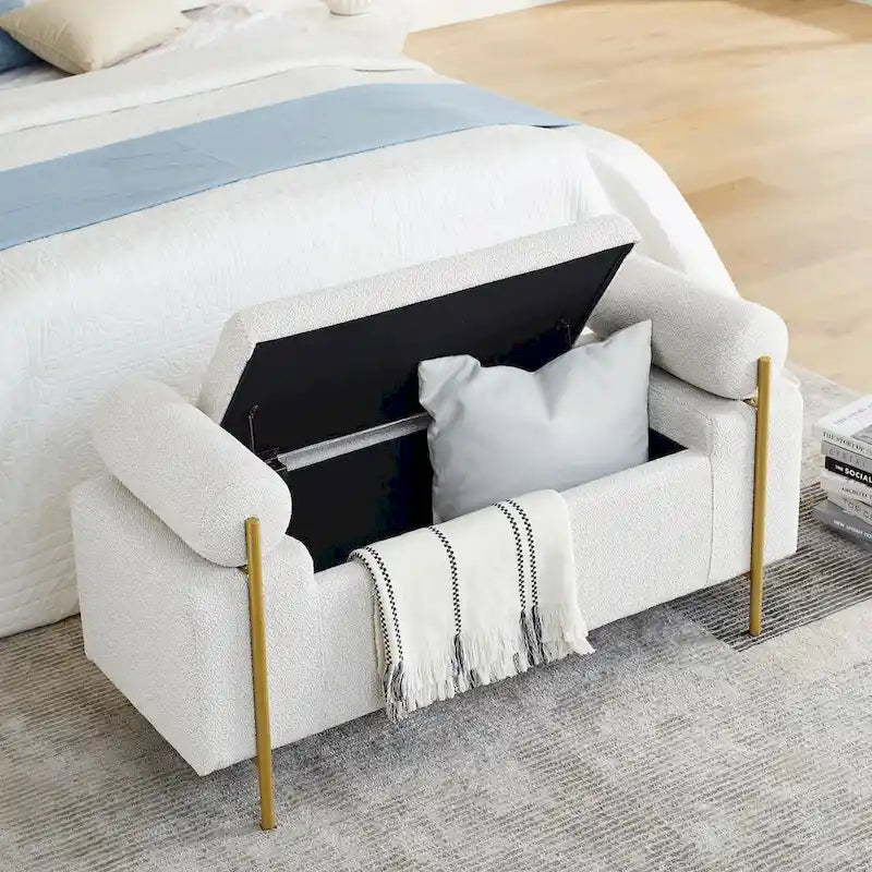 Banc de rangement capitonné avec accoudoirs cylindriques, tissu en lin et pieds en fer