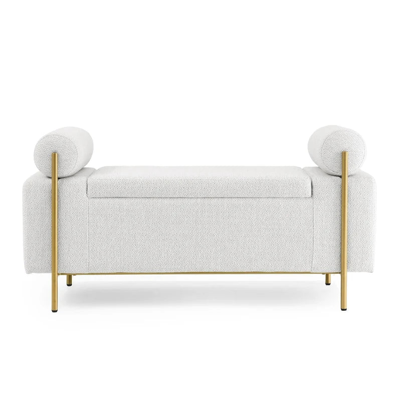 Banc de rangement capitonné avec accoudoirs cylindriques, tissu en lin et pieds en fer