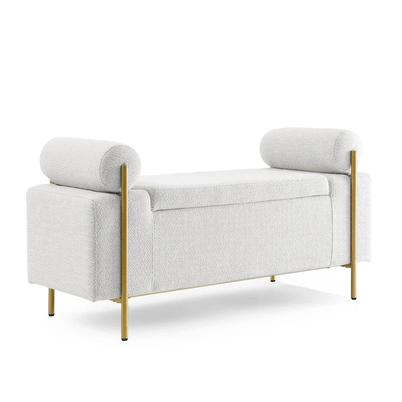 Banc de rangement capitonné avec accoudoirs cylindriques, tissu en lin et pieds en fer