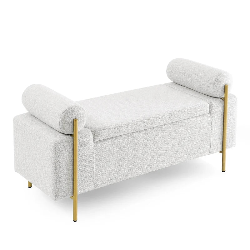 Banc de rangement capitonné avec accoudoirs cylindriques, tissu en lin et pieds en fer
