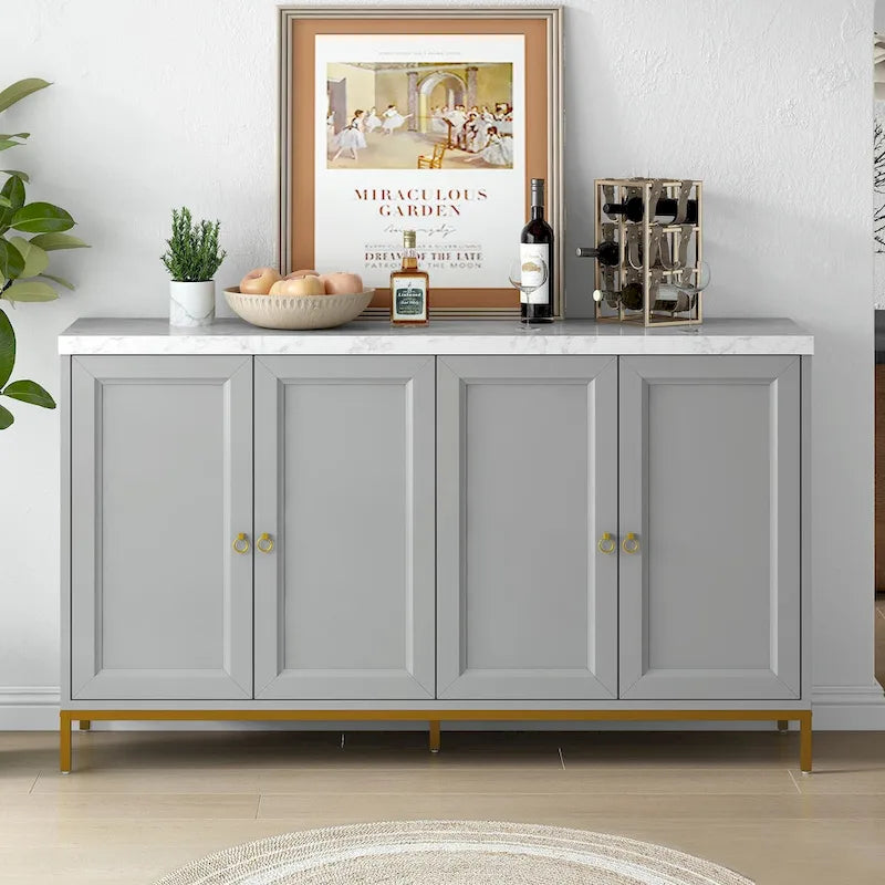 Buffet de 150,6 cm avec plateau en faux marbre, 4 portes et pieds en métal