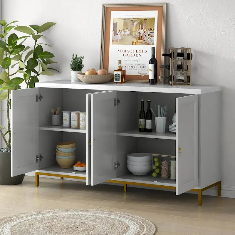 Buffet de 150,6 cm avec plateau en faux marbre, 4 portes et pieds en métal