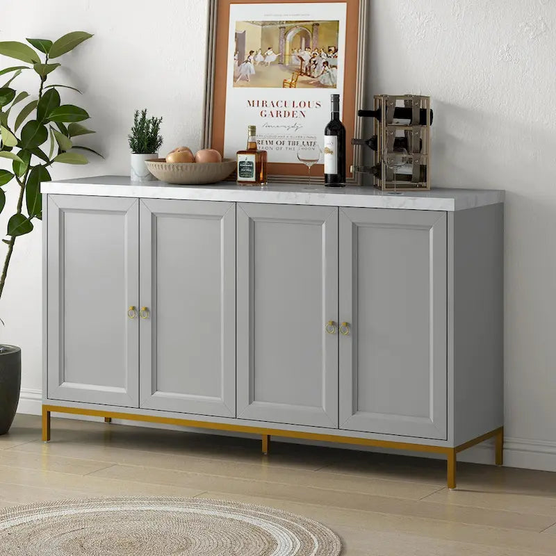 Buffet de 150,6 cm avec plateau en faux marbre, 4 portes et pieds en métal