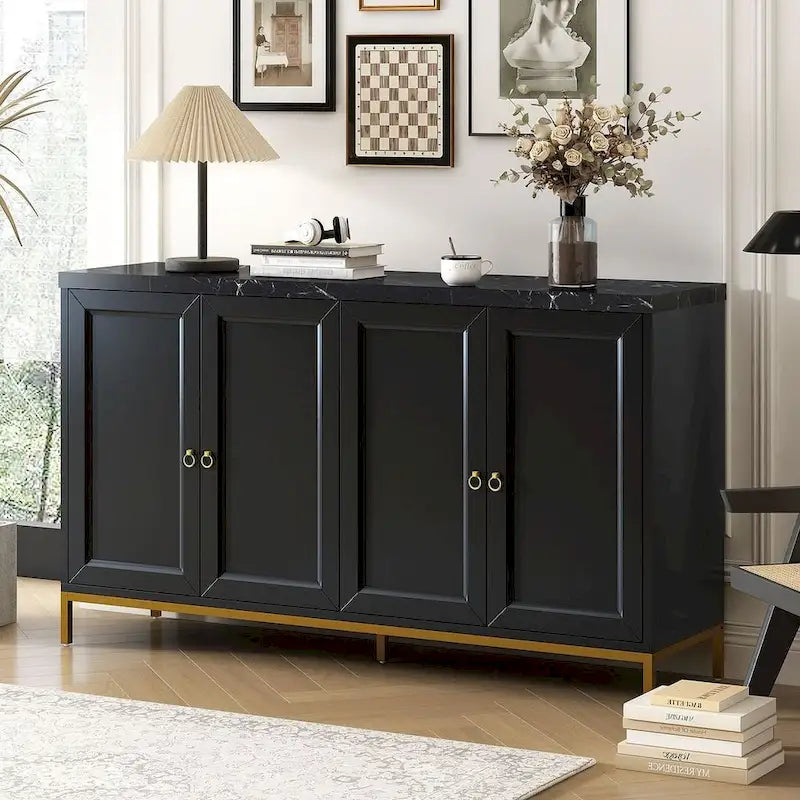 Buffet de 150,6 cm avec plateau en faux marbre, 4 portes et pieds en métal