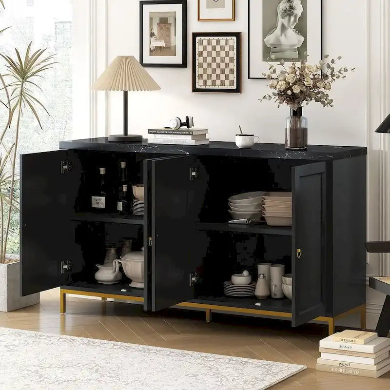 Buffet de 150,6 cm avec plateau en faux marbre, 4 portes et pieds en métal