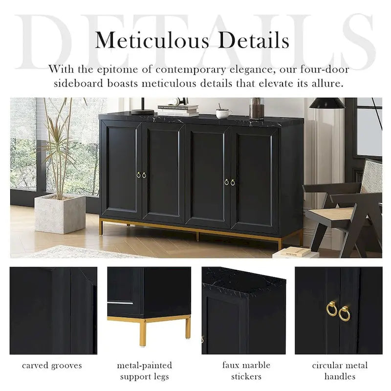 Buffet de 150,6 cm avec plateau en faux marbre, 4 portes et pieds en métal