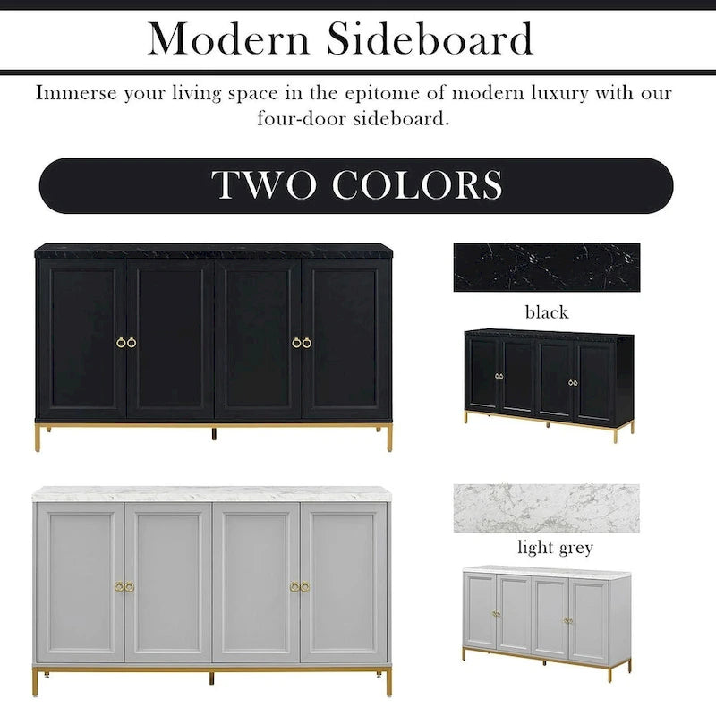Buffet de 150,6 cm avec plateau en faux marbre, 4 portes et pieds en métal