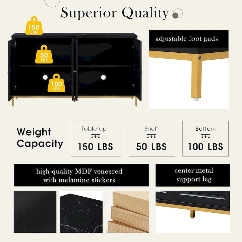 Buffet de 150,6 cm avec plateau en faux marbre, 4 portes et pieds en métal