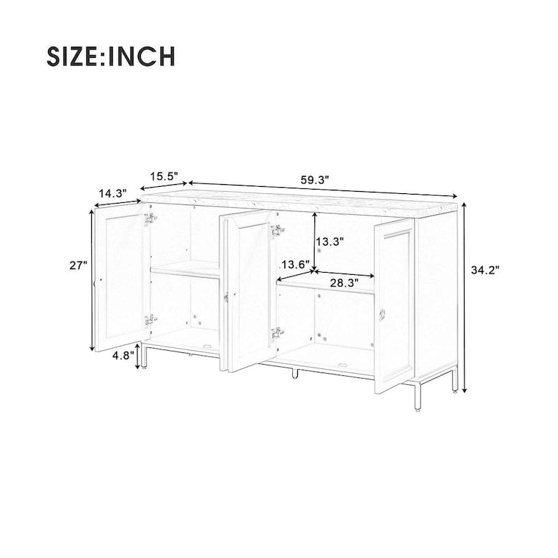 Buffet de 150,6 cm avec plateau en faux marbre, 4 portes et pieds en métal