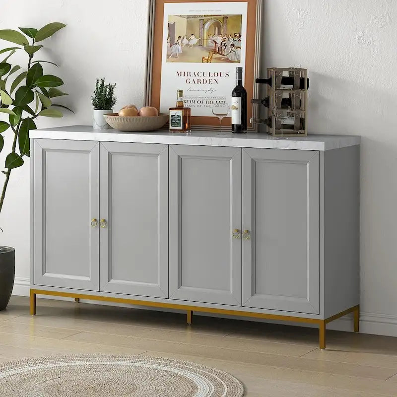 Buffet de 150,6 cm avec plateau en faux marbre, 4 portes et pieds en métal