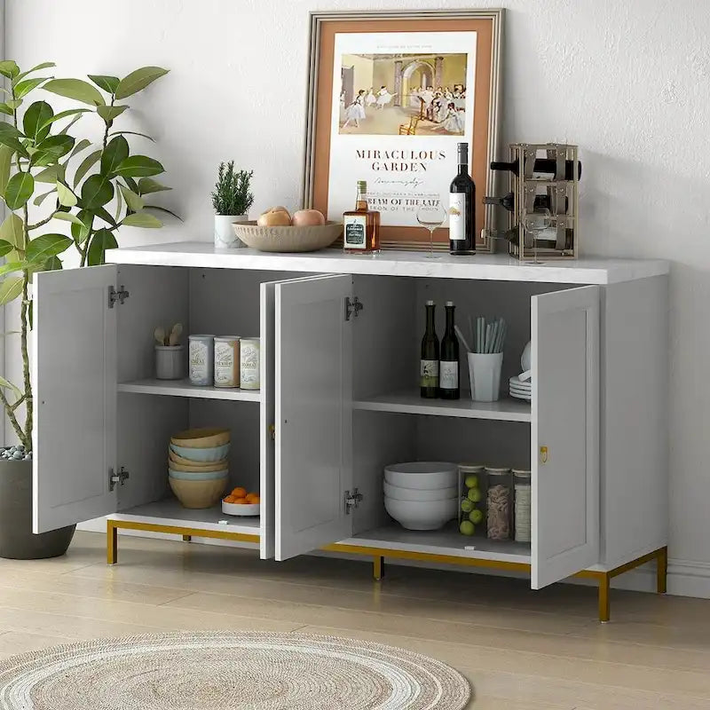 Buffet de 150,6 cm avec plateau en faux marbre, 4 portes et pieds en métal