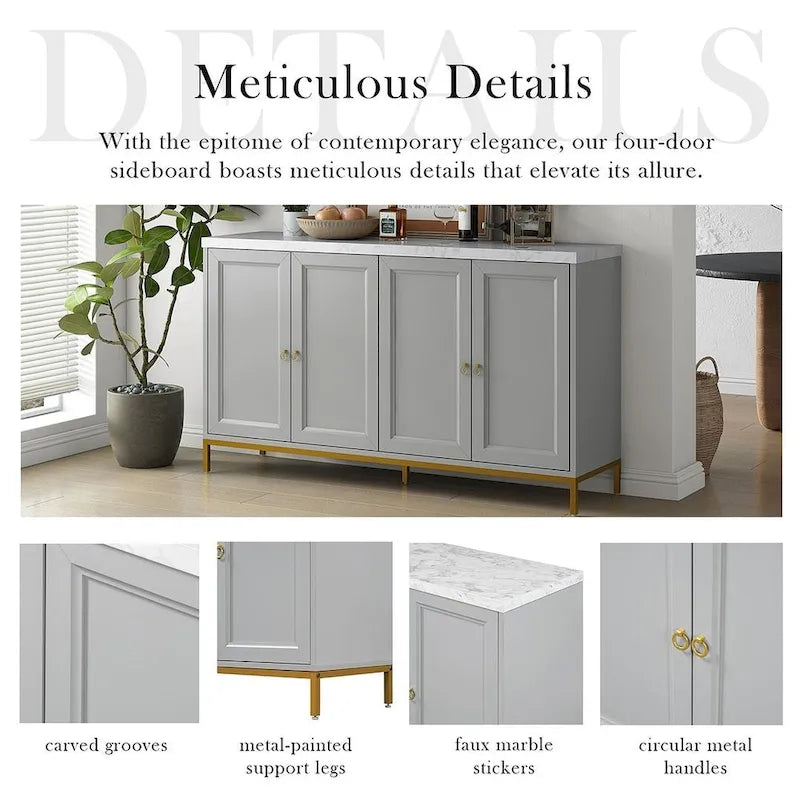 Buffet de 150,6 cm avec plateau en faux marbre, 4 portes et pieds en métal