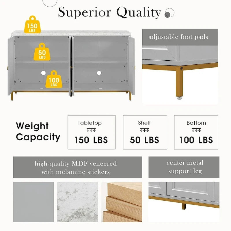 Buffet de 150,6 cm avec plateau en faux marbre, 4 portes et pieds en métal