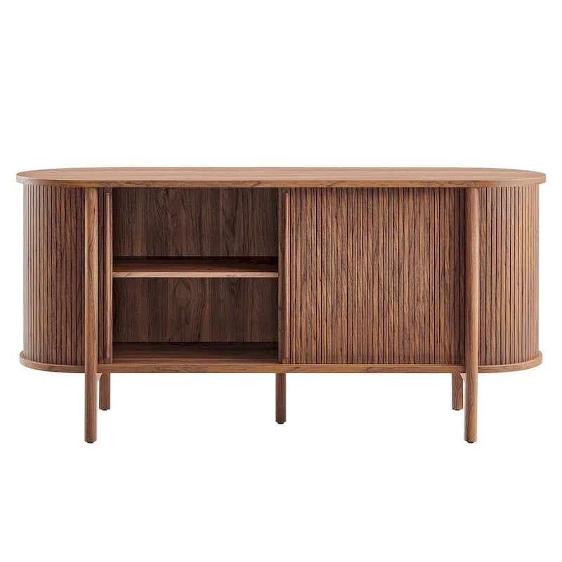Enfilade moderne incurvée de style Mid-Century de 160 cm avec détails cannelés et portes coulissantes