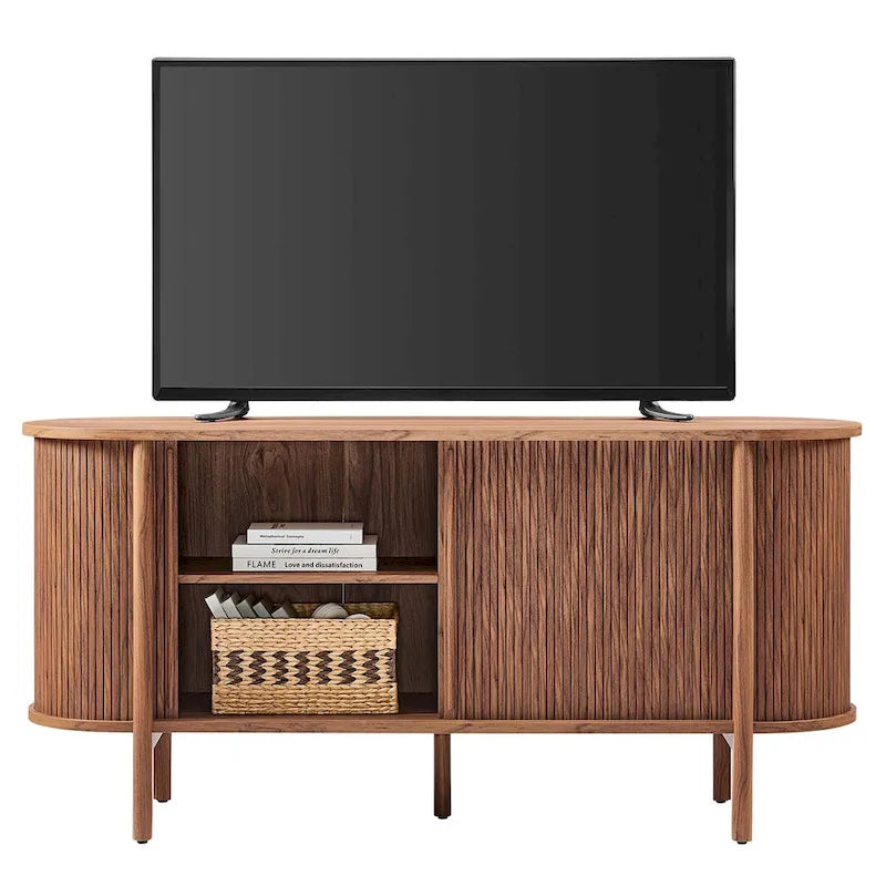 Enfilade moderne incurvée de style Mid-Century de 160 cm avec détails cannelés et portes coulissantes