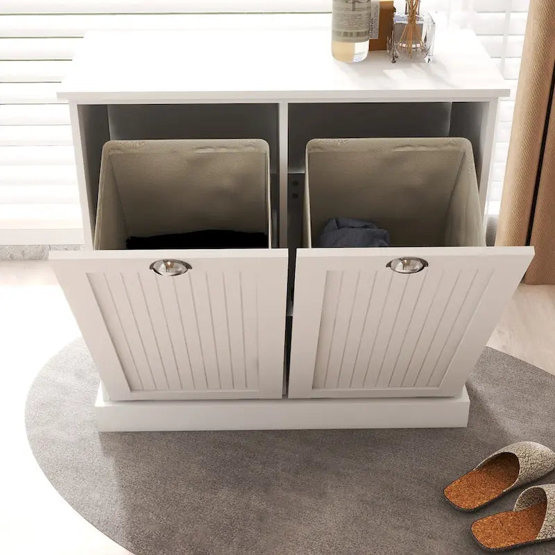 Meuble de tri de linge à bascule à deux compartiments avec sacs en tissu amovibles