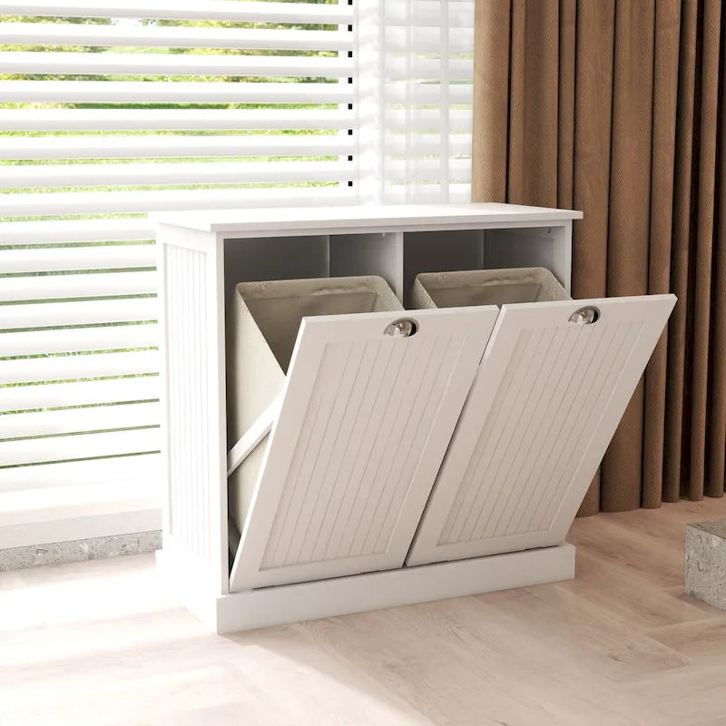 Meuble de tri de linge à bascule à deux compartiments avec sacs en tissu amovibles