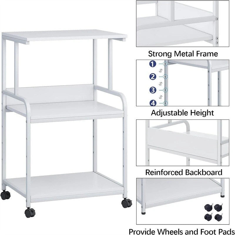 Support d'Imprimante à 3 Niveaux avec Étagère de Rangement, Pieds Réglables et Roulettes