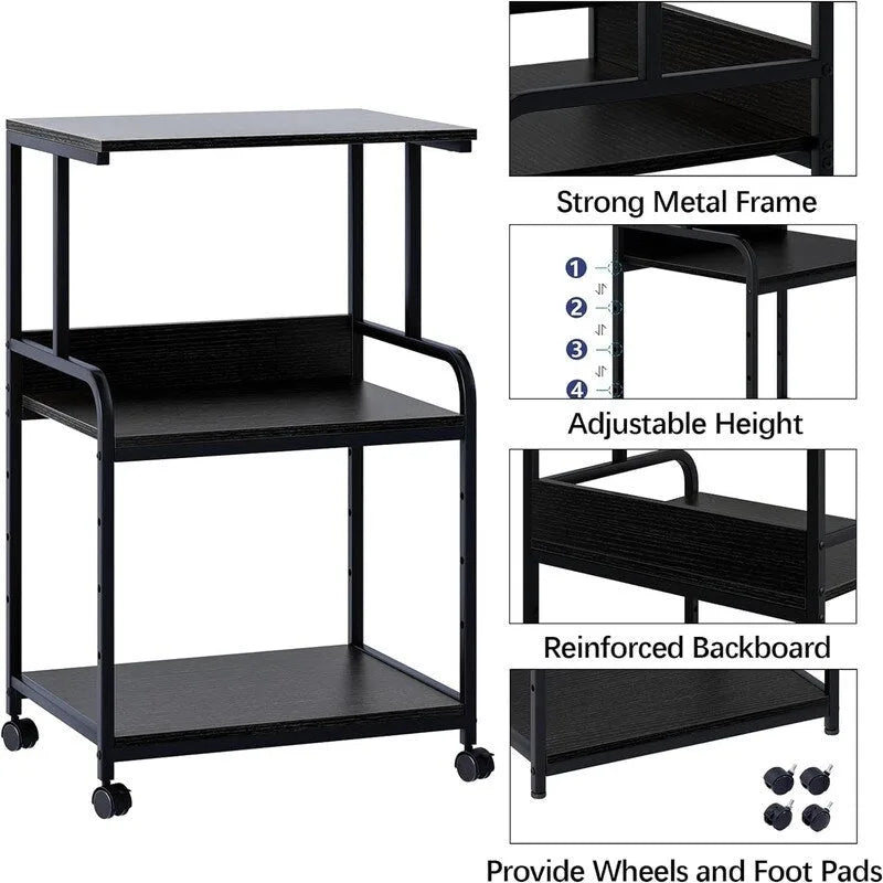 Support d'Imprimante à 3 Niveaux avec Étagère de Rangement, Pieds Réglables et Roulettes
