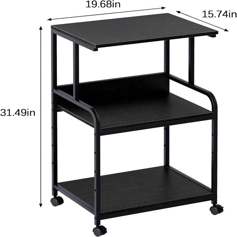 Support d'Imprimante à 3 Niveaux avec Étagère de Rangement, Pieds Réglables et Roulettes