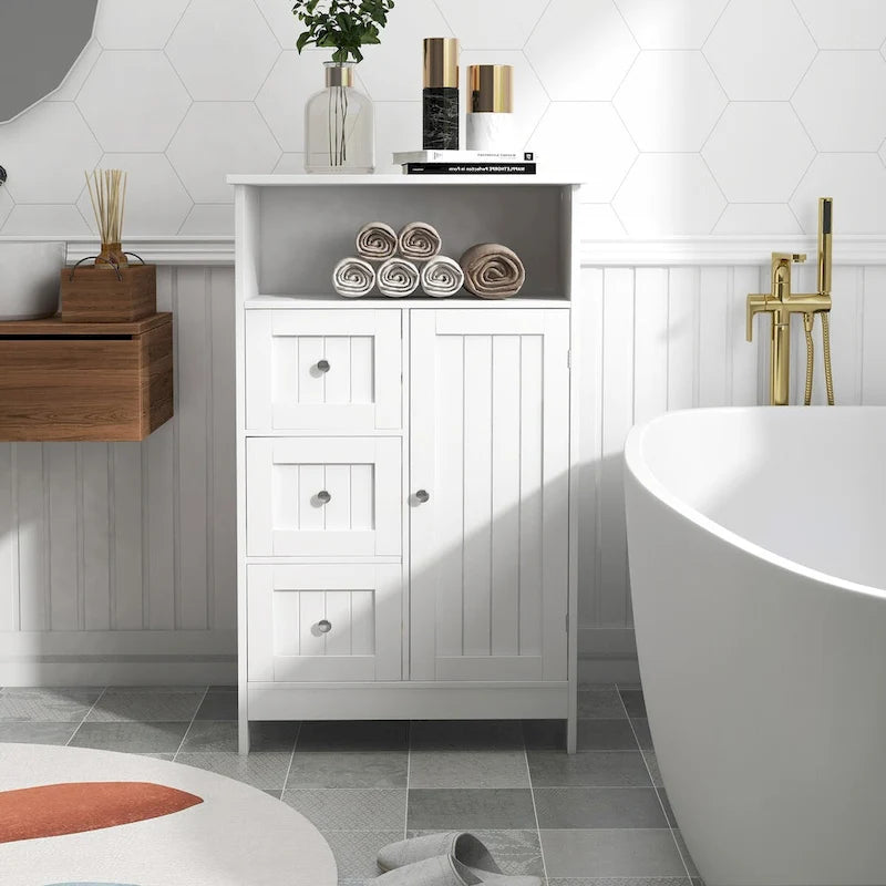 Meuble de rangement de salle de bain blanc avec 3 tiroirs et 1 porte — MDF E1