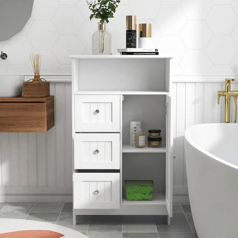 Meuble de rangement de salle de bain blanc avec 3 tiroirs et 1 porte — MDF E1