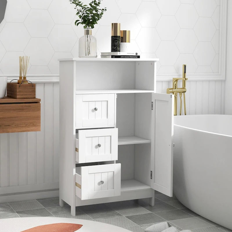 Meuble de rangement de salle de bain blanc avec 3 tiroirs et 1 porte — MDF E1