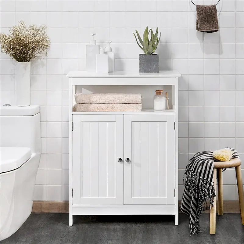 Meuble de rangement de salle de bain au sol avec étagère réglable et finition peinte brillante