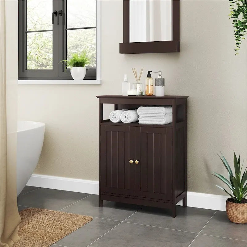 Meuble de rangement de salle de bain au sol avec étagère réglable et finition peinte brillante