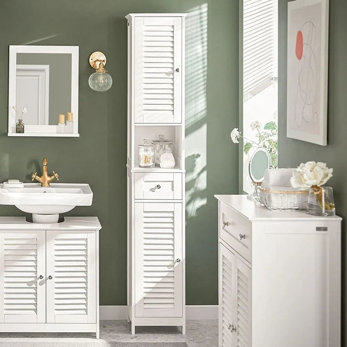 Meuble de salle de bain haut avec 2 portes, 1 tiroir et porte de ventilation à lattes