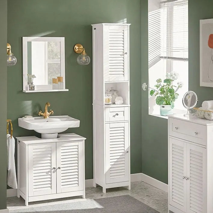 Meuble de salle de bain haut avec 2 portes, 1 tiroir et porte de ventilation à lattes
