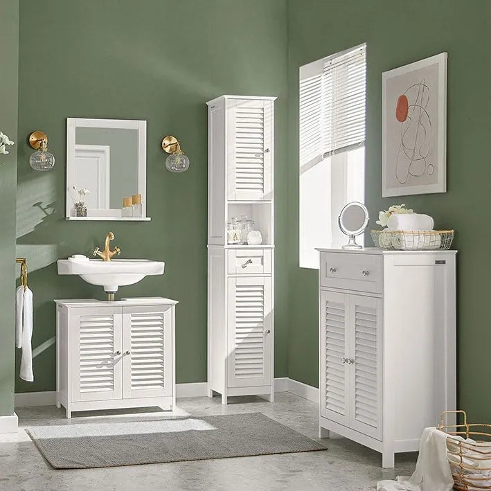 Meuble de salle de bain haut avec 2 portes, 1 tiroir et porte de ventilation à lattes