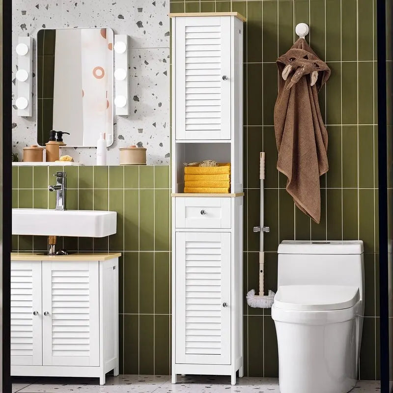 Meuble de salle de bain haut avec 2 portes, 1 tiroir et porte de ventilation à lattes