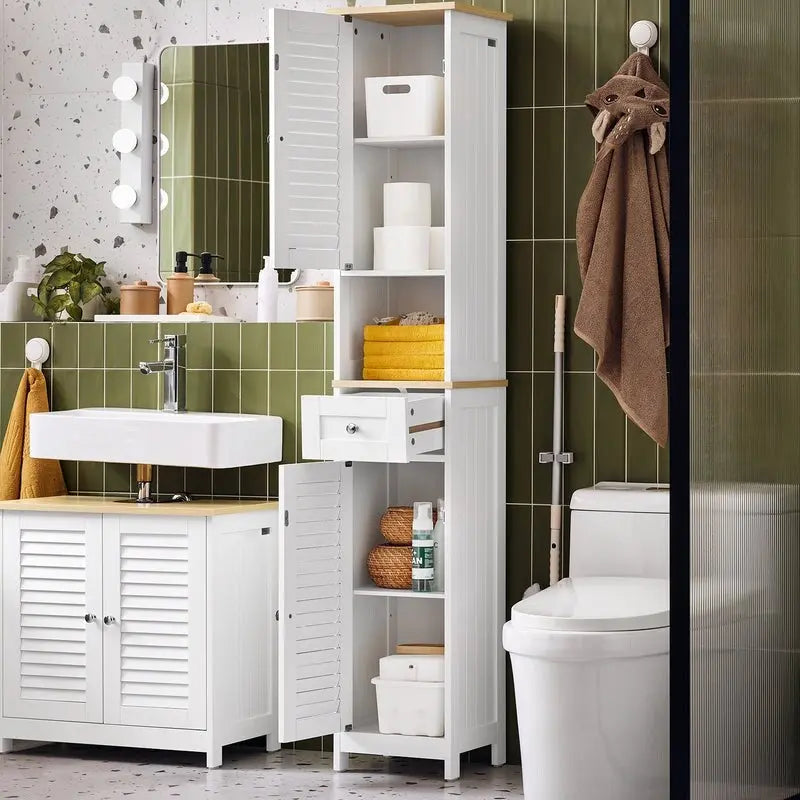 Meuble de salle de bain haut avec 2 portes, 1 tiroir et porte de ventilation à lattes