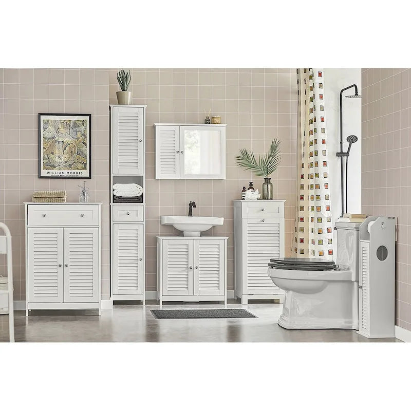 Meuble de salle de bain haut avec 2 portes, 1 tiroir et porte de ventilation à lattes