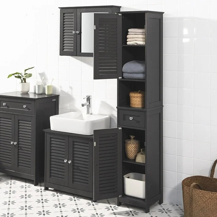 Meuble de salle de bain haut avec 2 portes, 1 tiroir et porte de ventilation à lattes