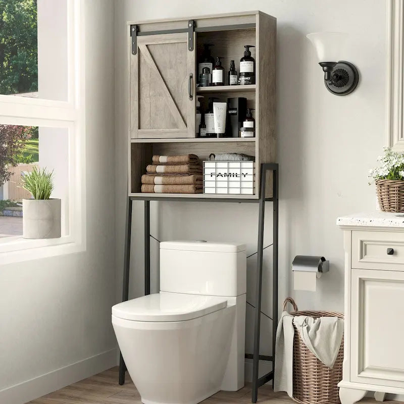 Meuble de rangement WC avec porte coulissante et étagères réglables